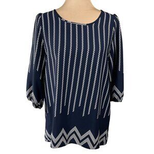 Everly Popover Blouse Top Navy Cream L Large Tunic Dot 3/4 Sleeve